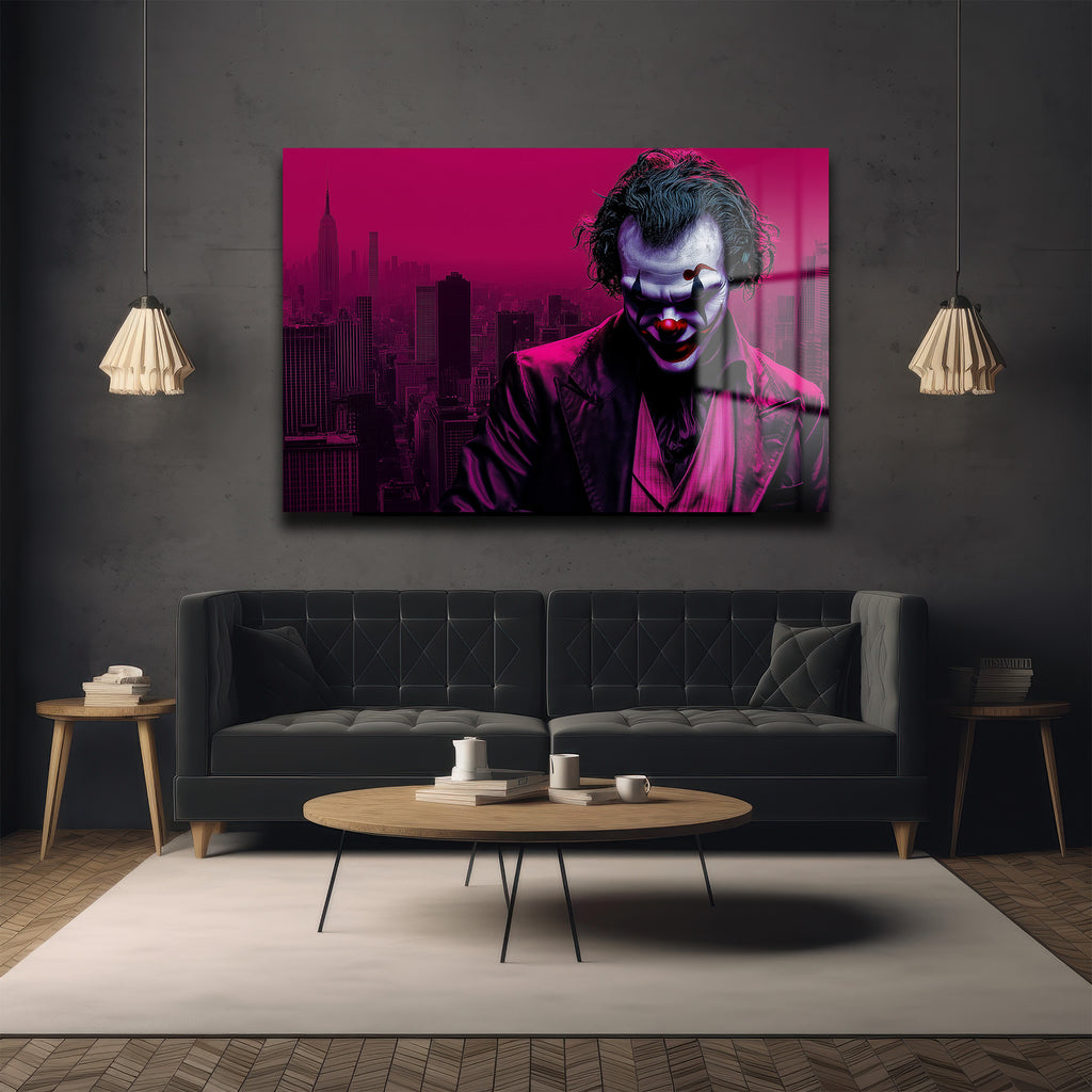 Joker'in Şehri: Koyu Pembe Gotham Temalı Modern Cam Tablo
