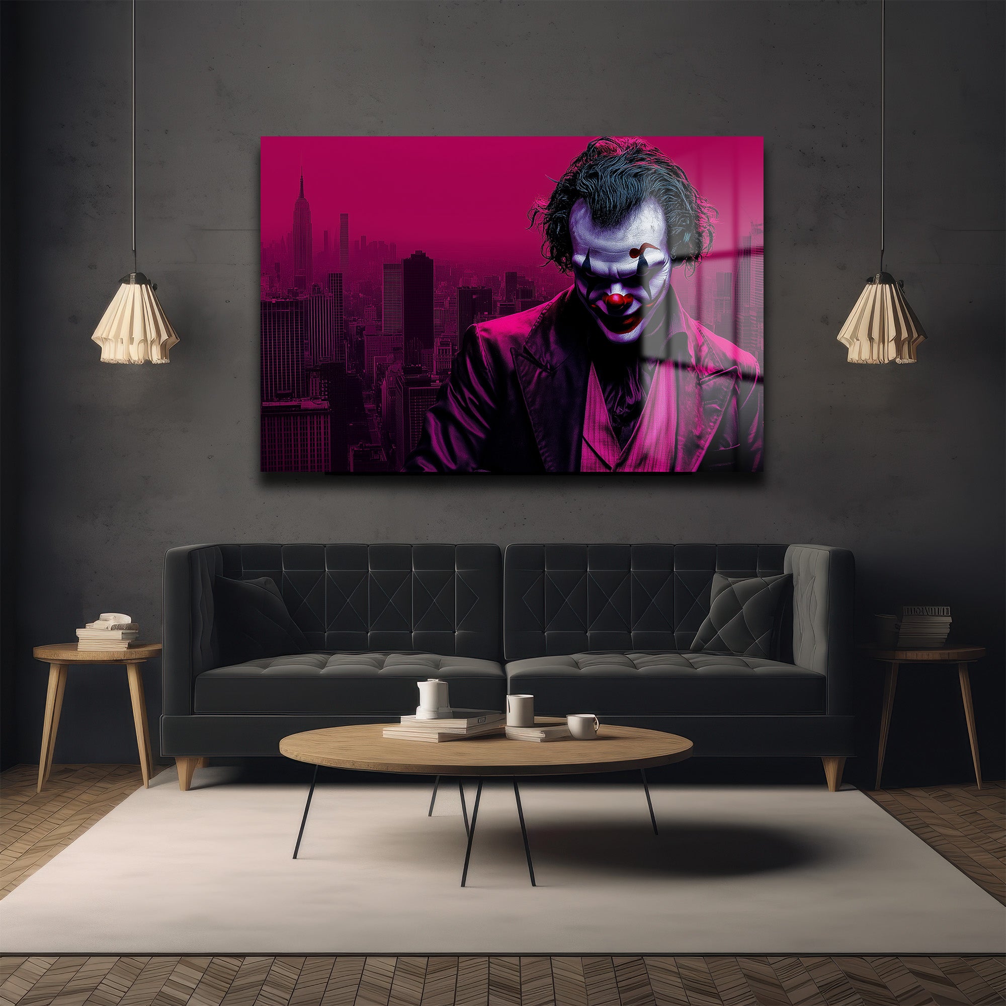 Joker'in Şehri: Koyu Pembe Gotham Temalı Modern Cam Tablo