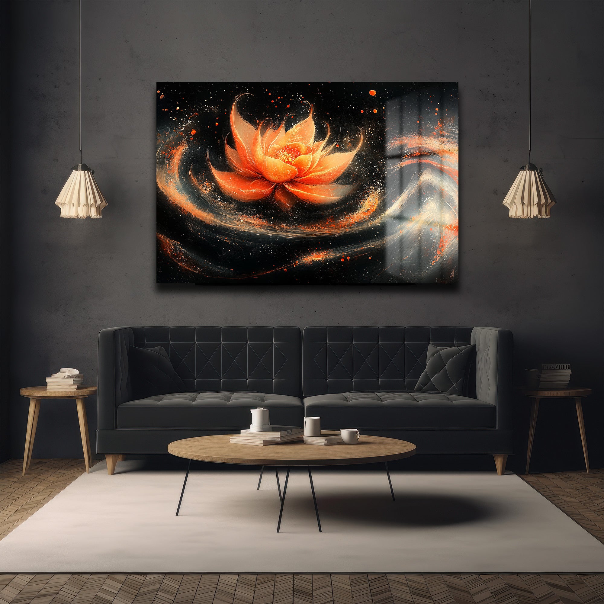 Işıltılı Enerji: Soyut Lotus Cam Tablo