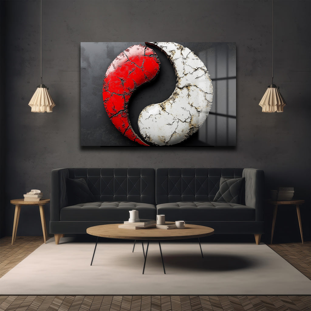 Kırmızı Beyaz Dinamik Denge: Modern Yin Yang Temperli Cam Tablo