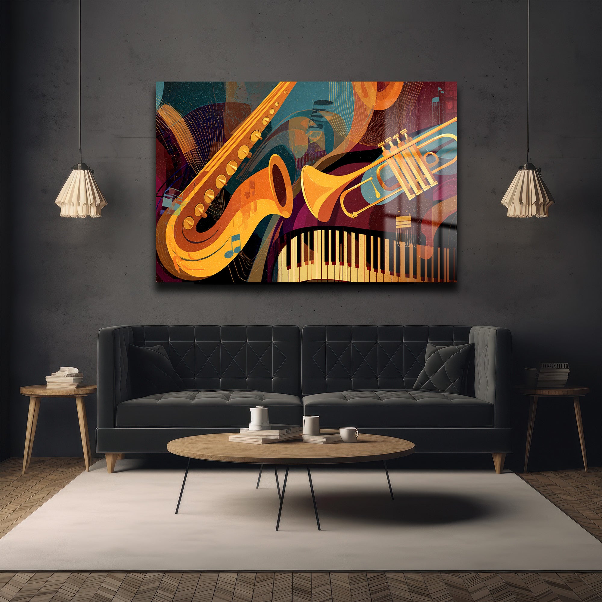 Caz Ritimleri: Enerjik Müzik Enstrümanları Modern Cam Tablo