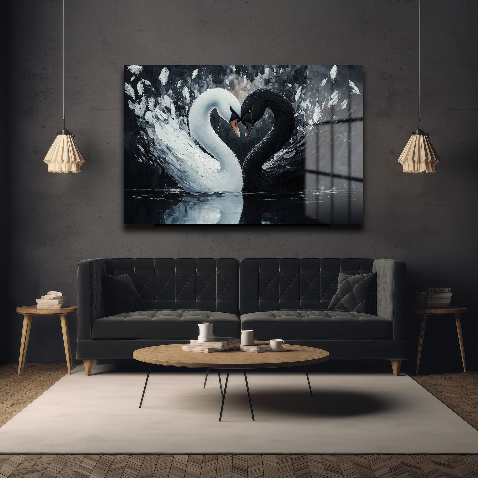 Aşkın Dansı: Siyah Beyaz Kuğular Modern Temperli Cam Tablo