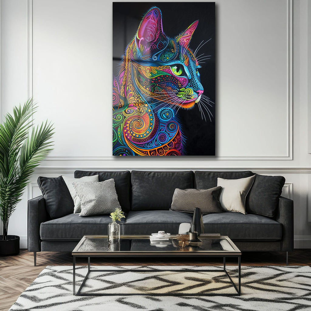 Canlı Renklerin Dansı: Psychedelic Kedi Desenli Temperli Cam Tablo