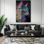 Canlı Renklerin Dansı: Psychedelic Kedi Desenli Temperli Cam Tablo