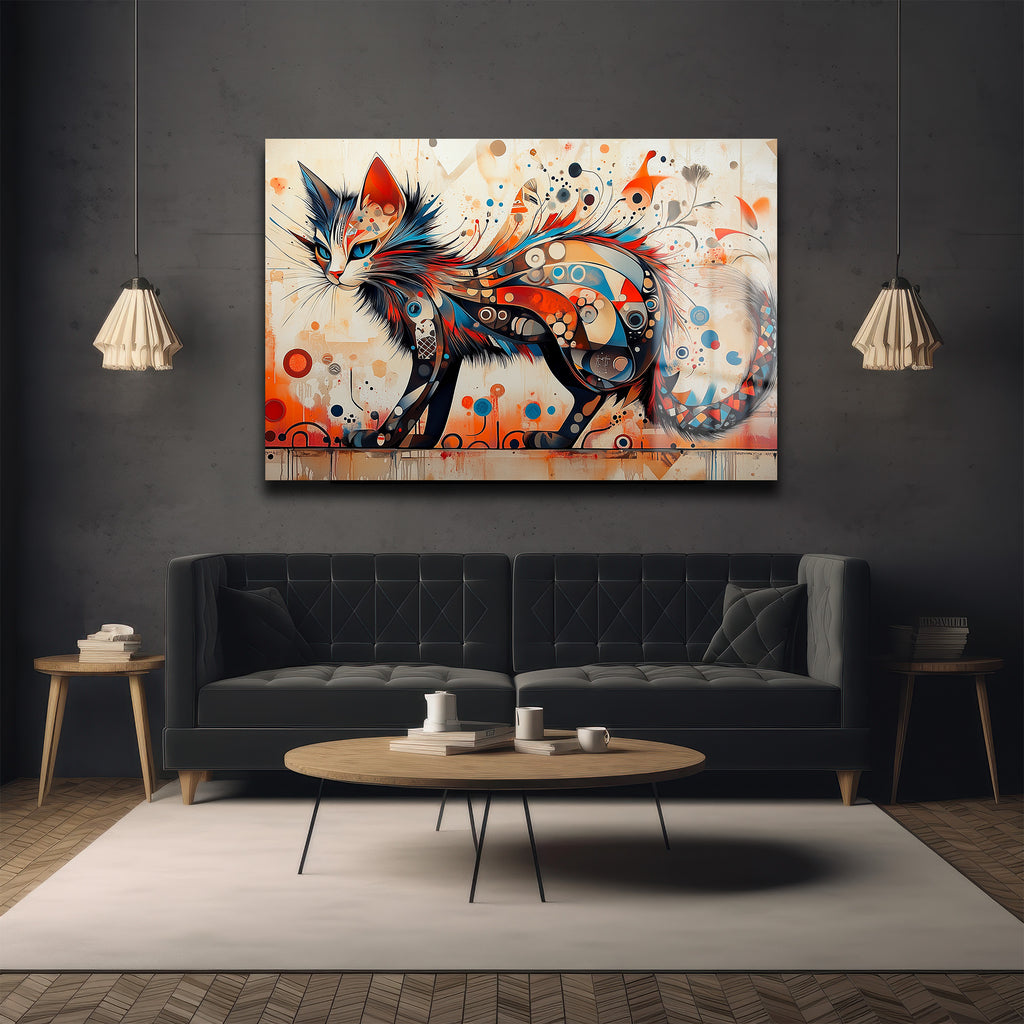 Ruhun Dansı: Modern Soyut Kedi Desenli Temperli Cam Tablo