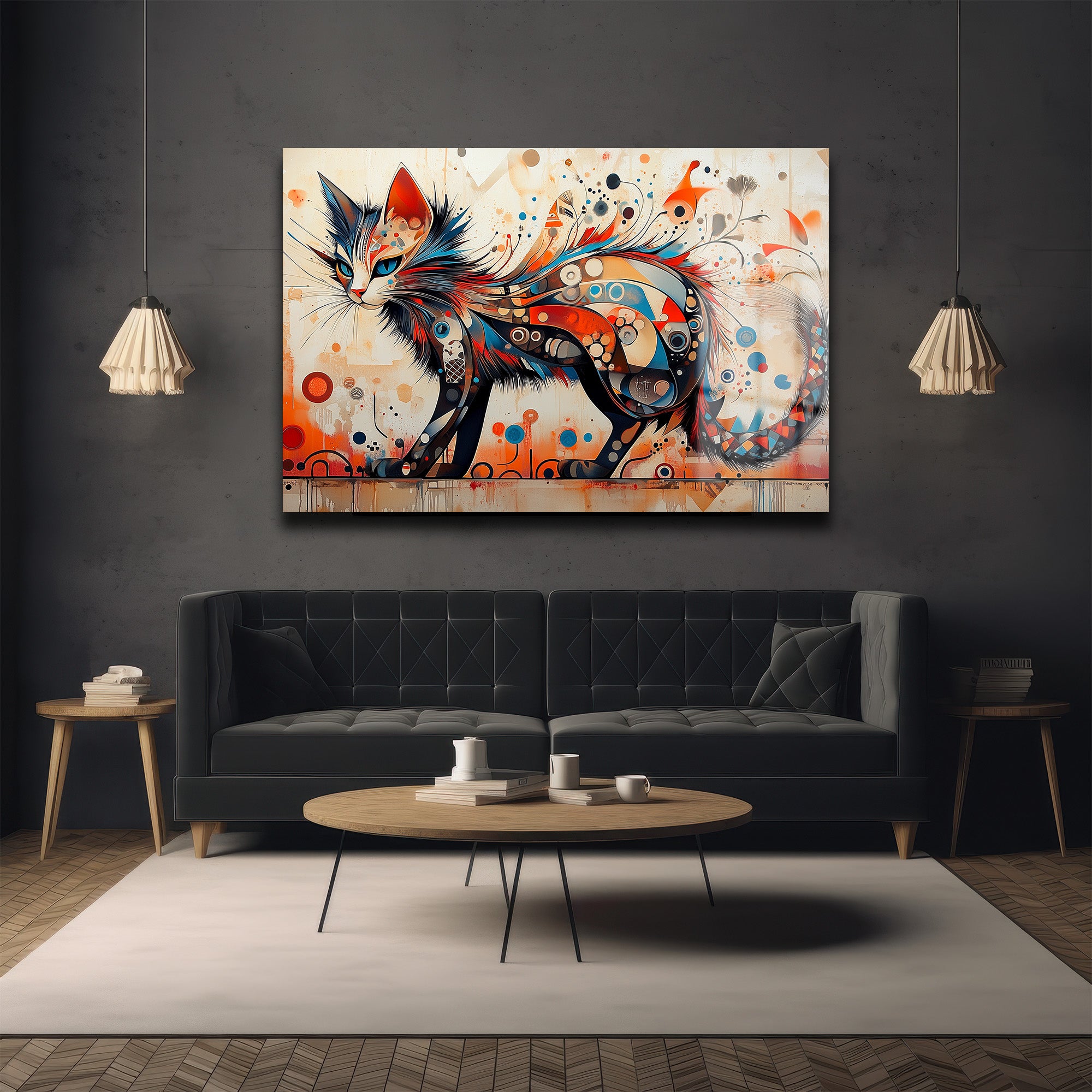 Ruhun Dansı: Modern Soyut Kedi Desenli Temperli Cam Tablo