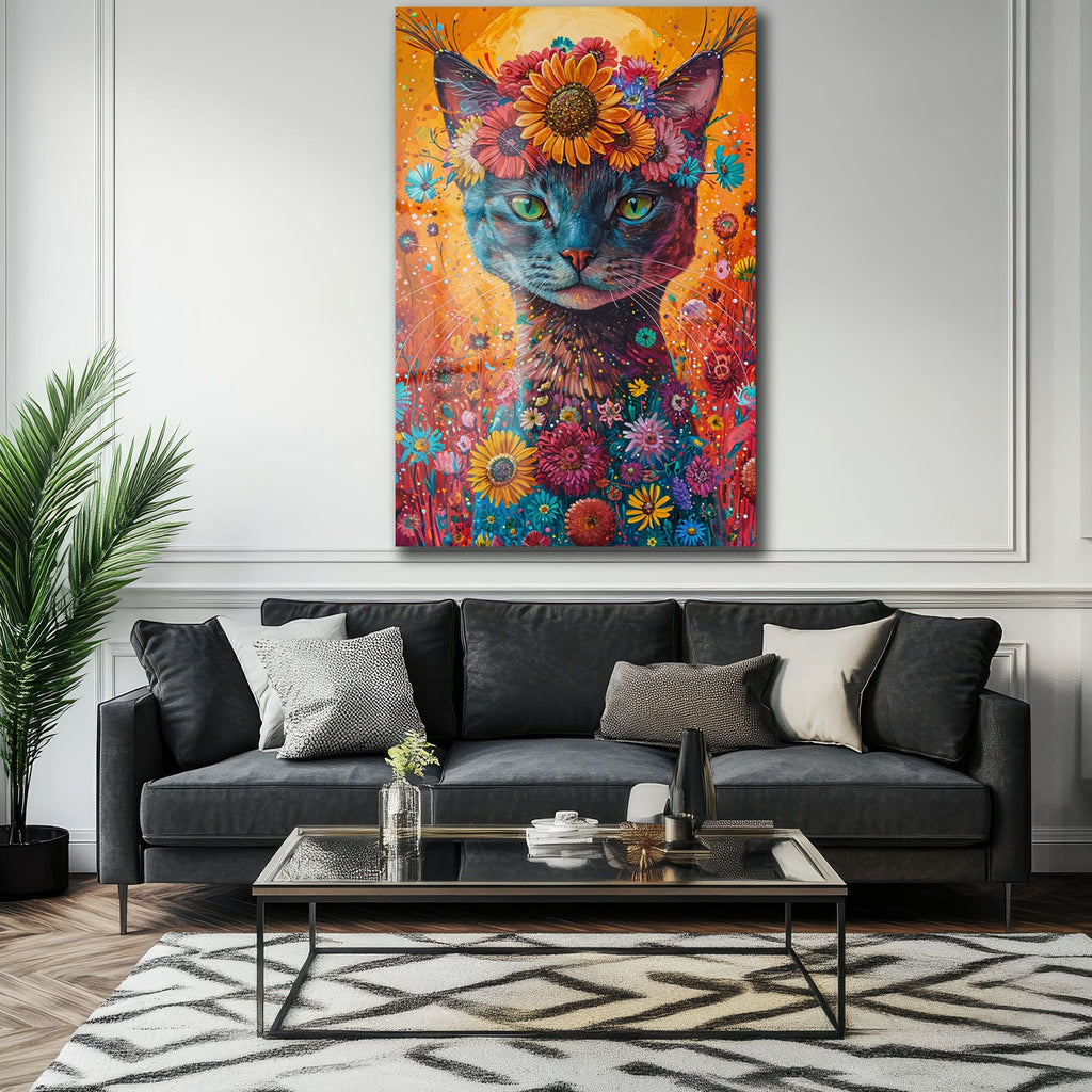 Baharın Ruhu: Çiçek Taçlı Kedi Sanatsal Cam Tablo
