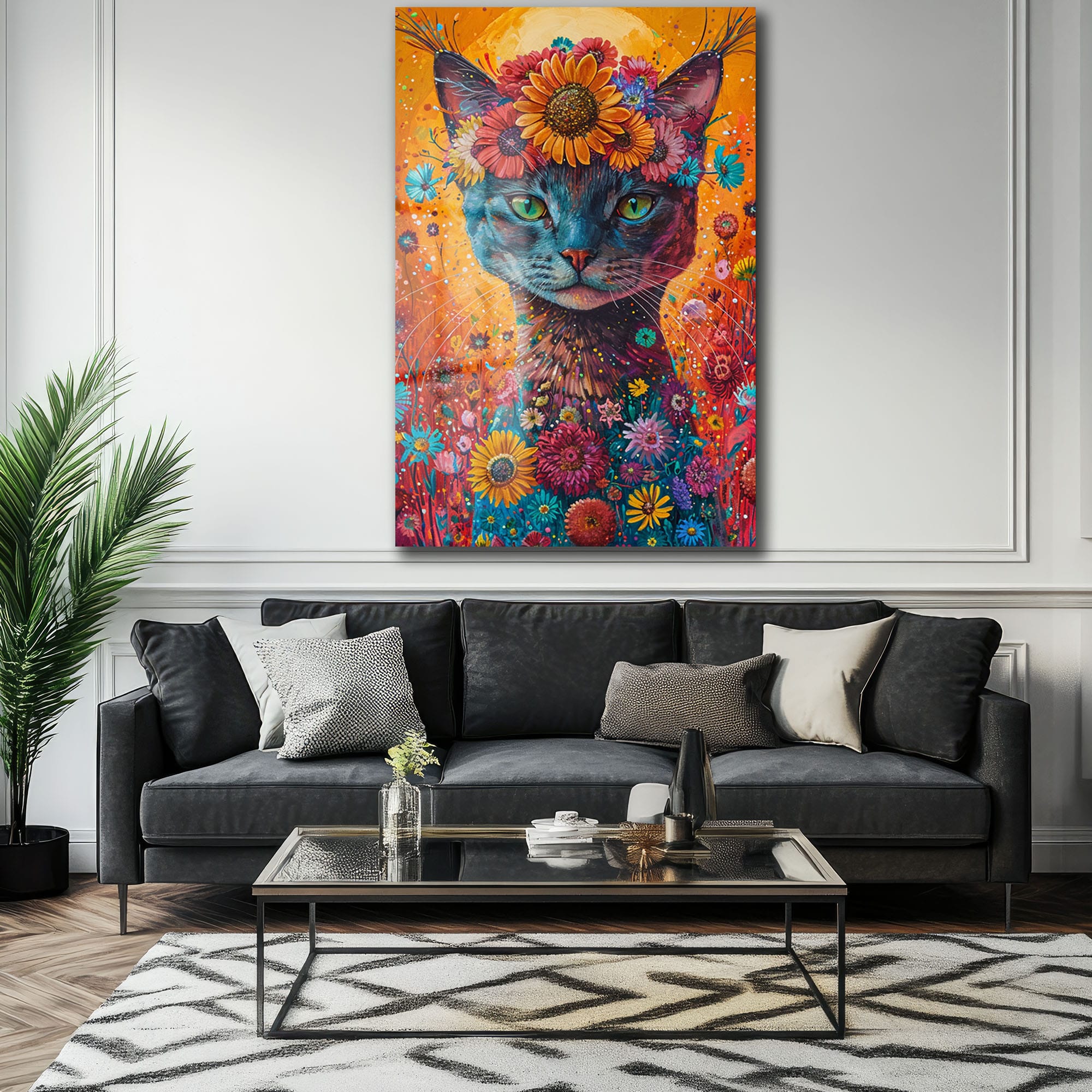 Baharın Ruhu: Çiçek Taçlı Kedi Sanatsal Cam Tablo