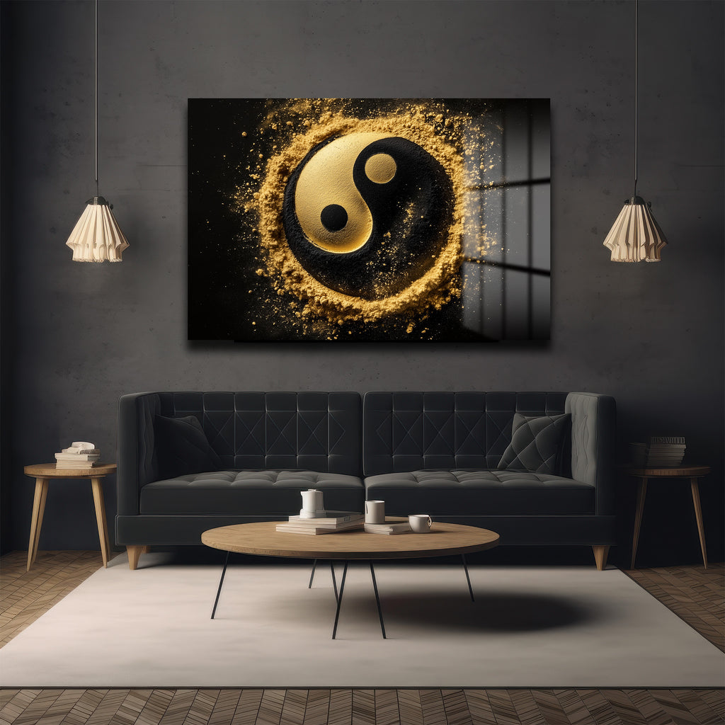 Denge ve Zarafet: Altın Tozlu Yin Yang Cam Tablo