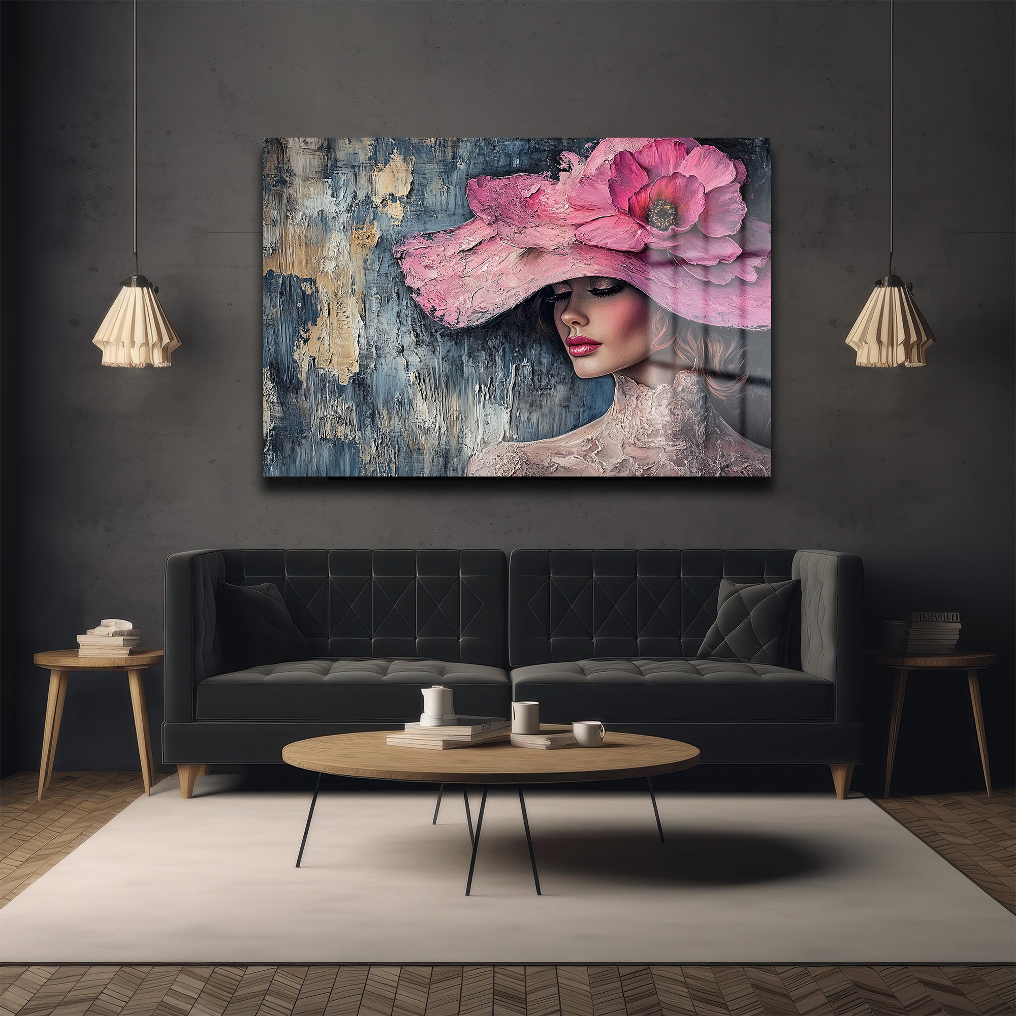 Pembe Şapkalı Zarafet: Modern Portre Temperli Cam Tablo