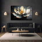 Altın Dokunuşlu Lotus Zarafeti: Modern Lüks Çiçek Cam Tablo