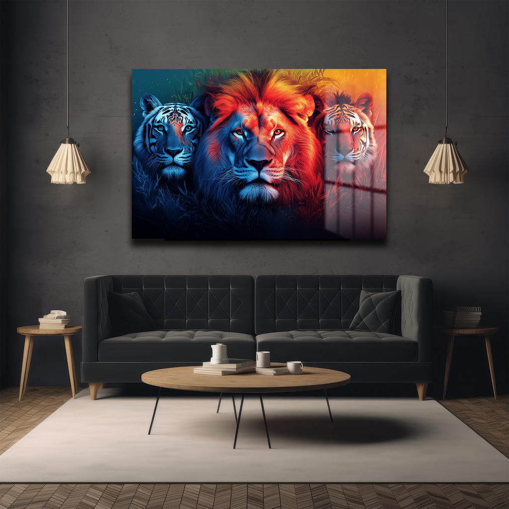 Vahşi Ruhların Dansı: Aslan ve Kaplanlar Temalı Modern Cam Tablo