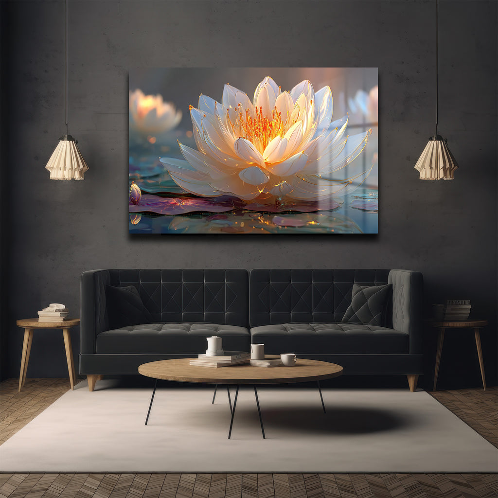 Altın Işıltılı Lotus: Huzur Veren Modern Cam Tablo