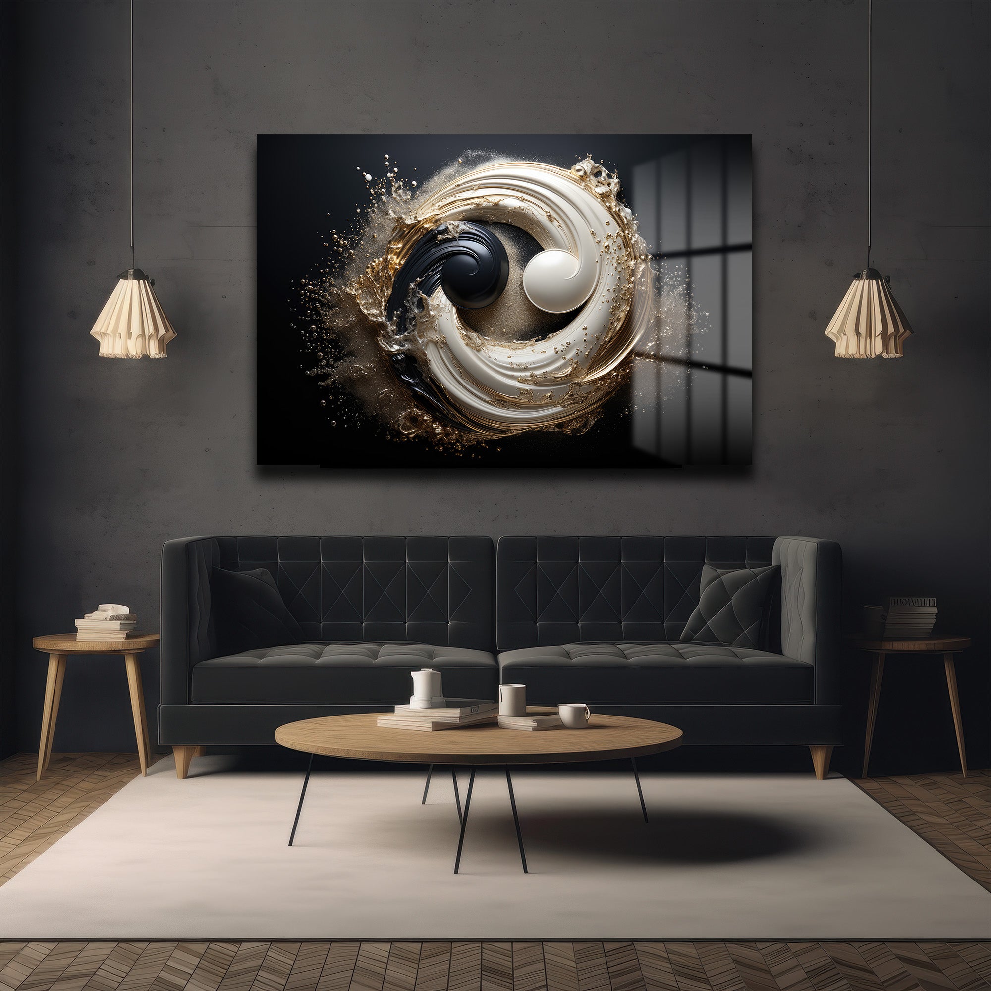 Modern Yi̇ng Yang Dekorati̇f Yatay Cam Tablo, Ev Dekorasyon, Ofi̇s Dekorasyon