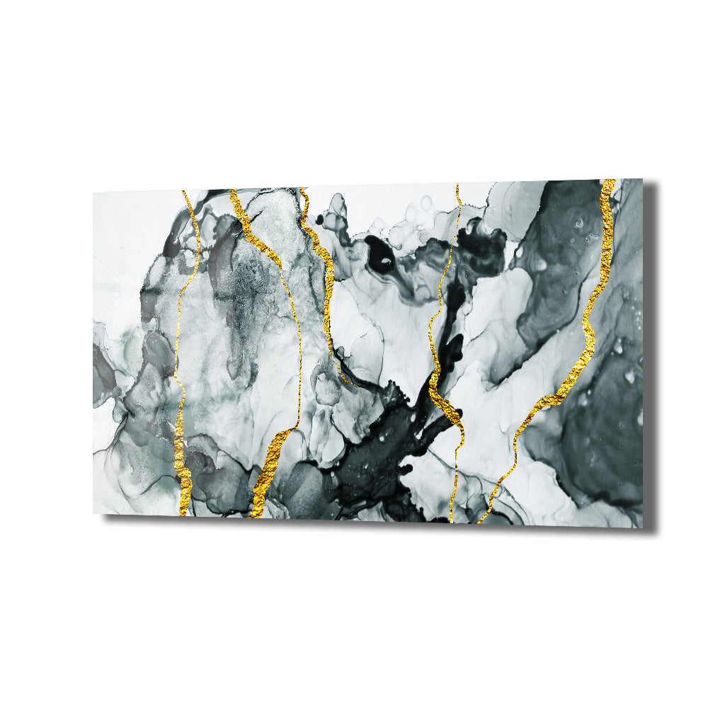 Kintsugi Ruhu: Altın Damarlı Siyah Beyaz Soyut Cam Tablo
