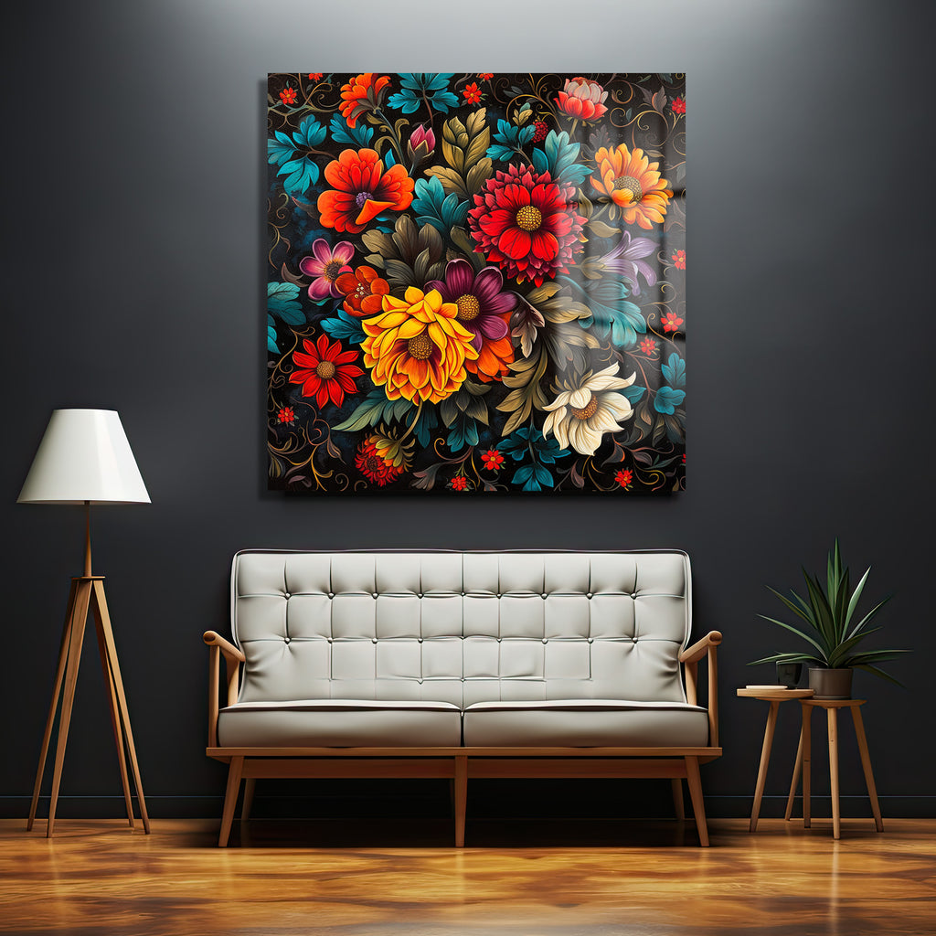 Renk Şöleni Floral Desenli Dekoratif Cam Tablo