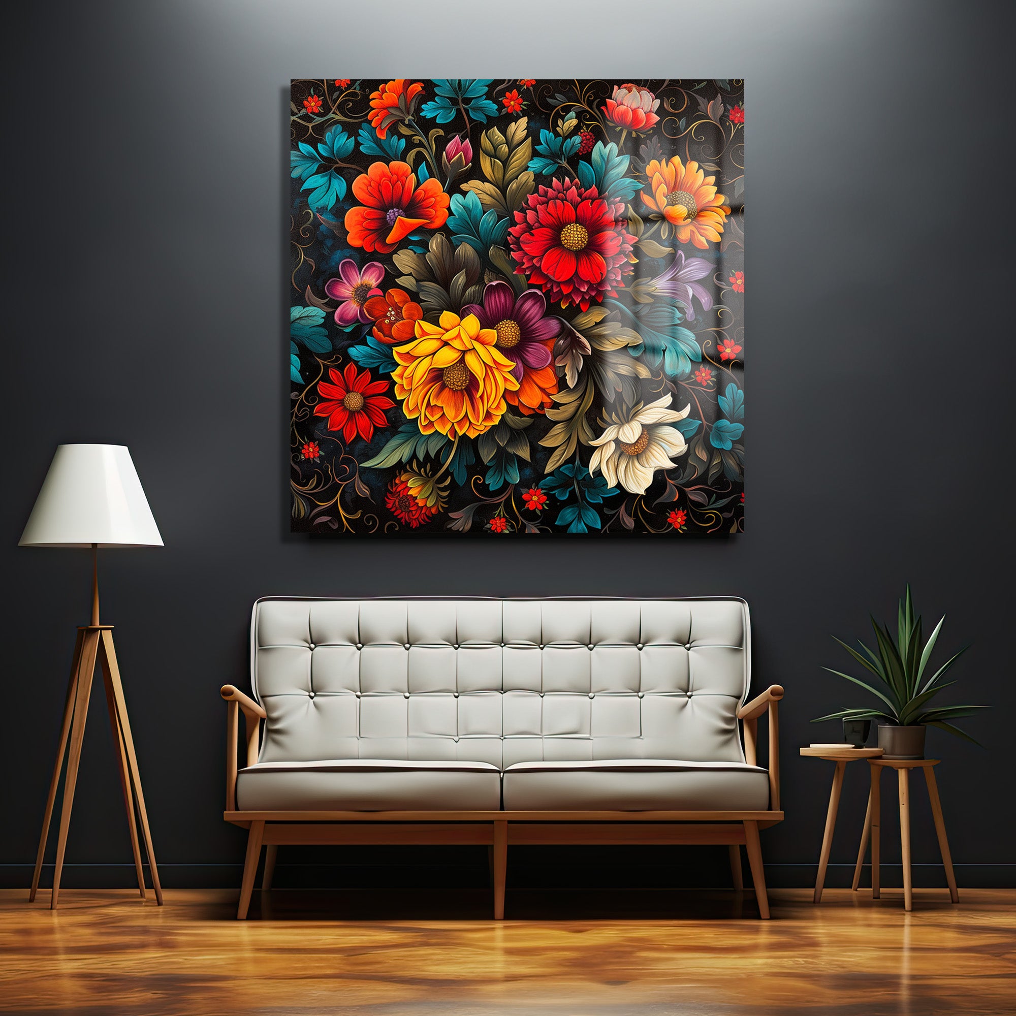 Renk Şöleni Floral Desenli Dekoratif Cam Tablo