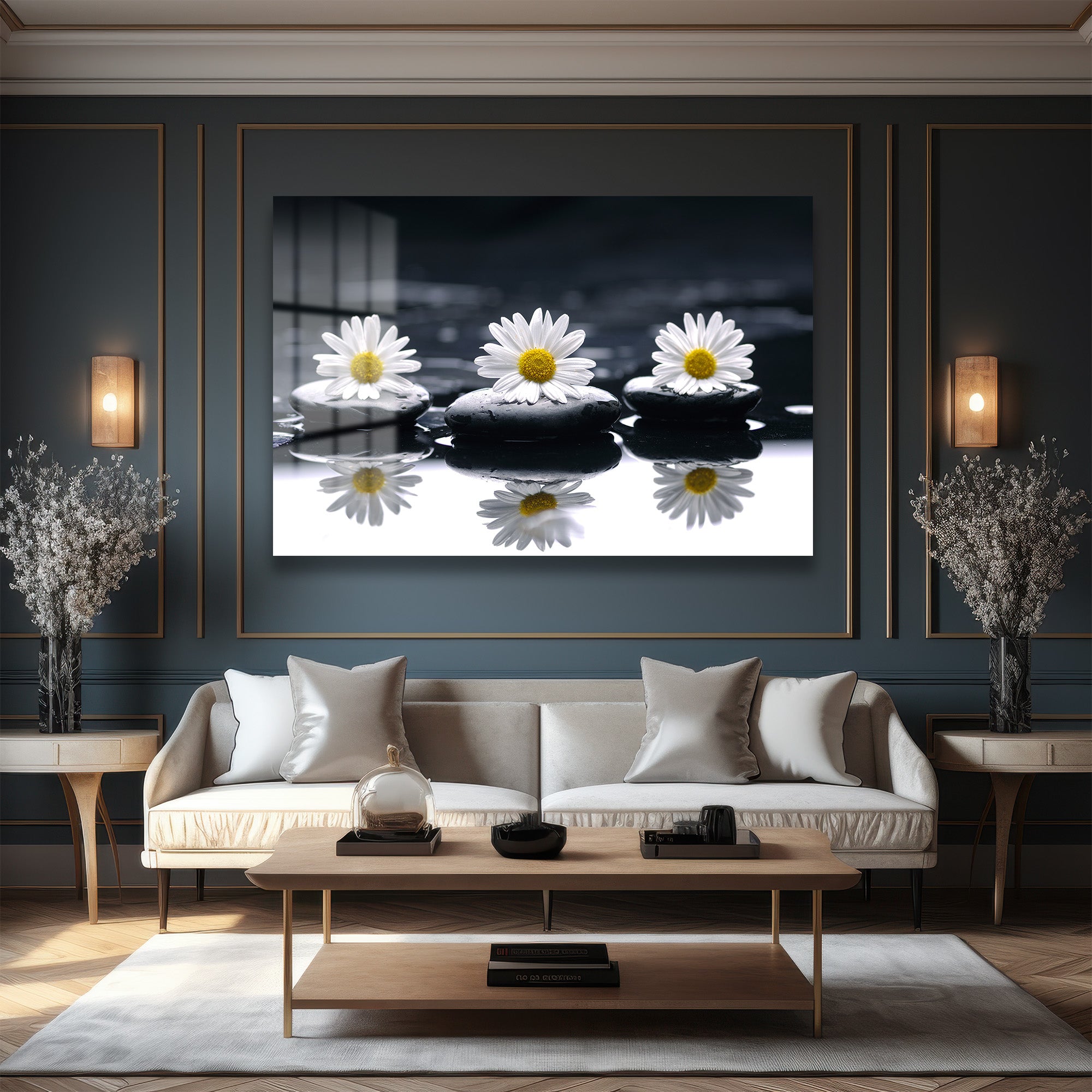 Zen Papatyalar ve Siyah Taşlar: Huzur Veren Modern Cam Tablo