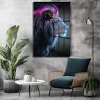 Aslanın Ruhu: Neon Işıltılı Modern Cam Tablo