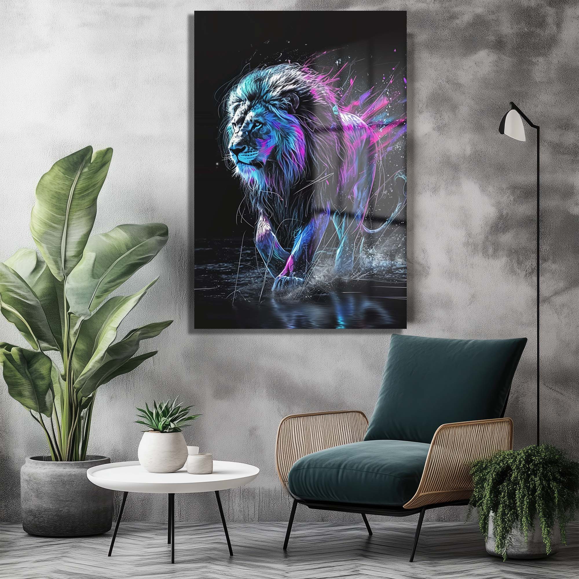 Neon Enerjili Aslan: Modern Sanat Temperli Cam Tablo