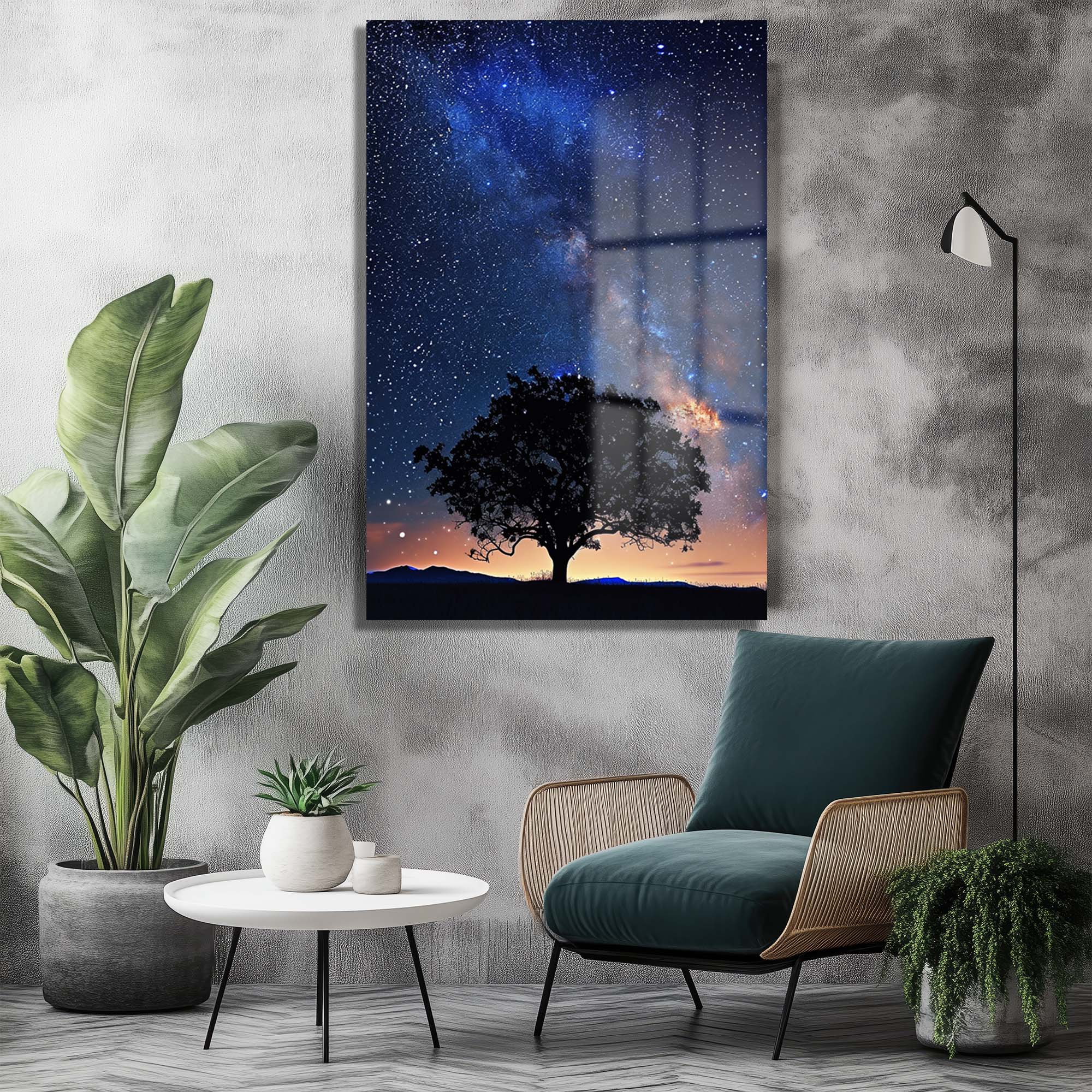 Samanyolu Ağacı: Büyüleyici Gece Manzaralı Temperli Cam Tablo