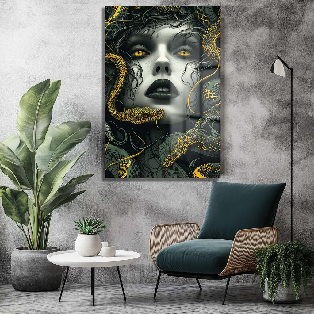 Medusa'nın Büyüleyici Bakışı: Modern Mitolojik Cam Tablo | Duvar Dekorasyonu