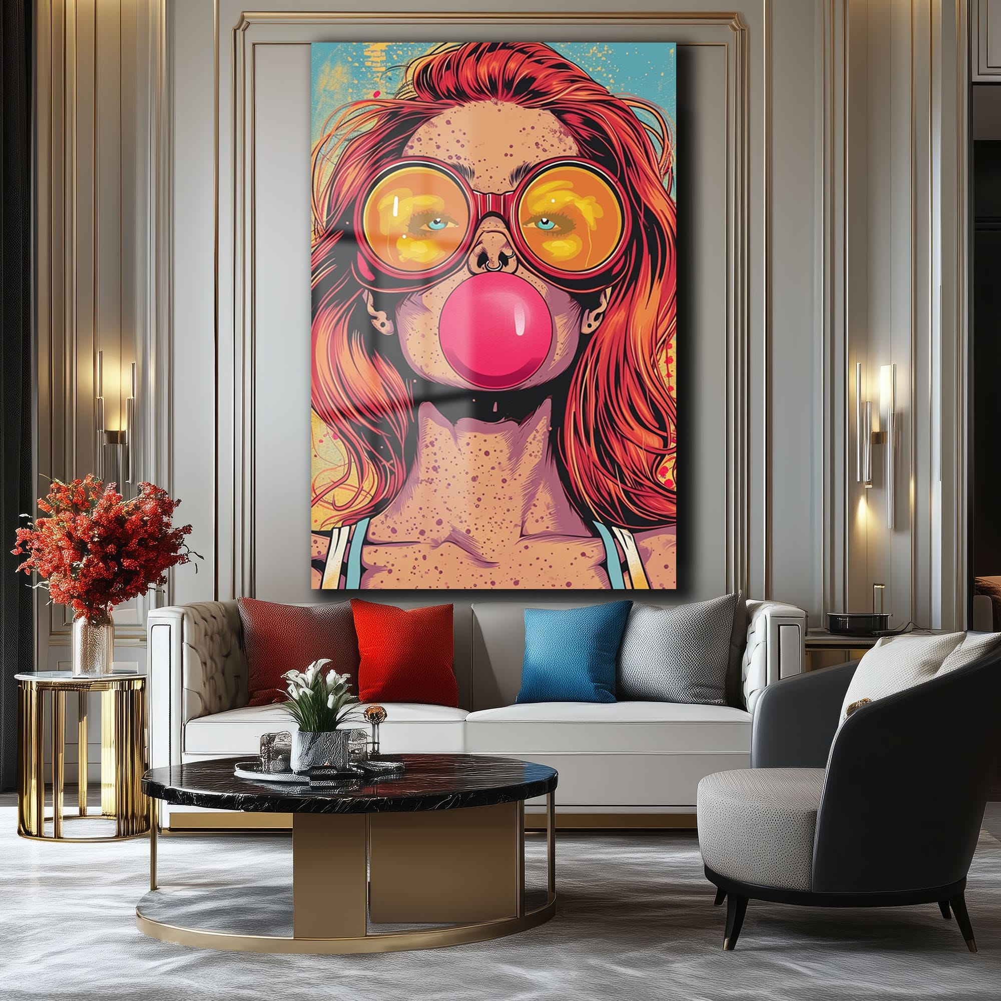 Pop Art Sakız Balonlu Kız: Canlı ve Asi Ruh Cam Tablo