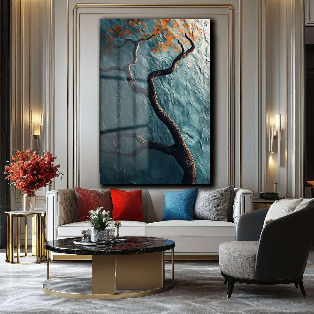 Gizemli Teal Ağaç: Modern Sanat Cam Tablo