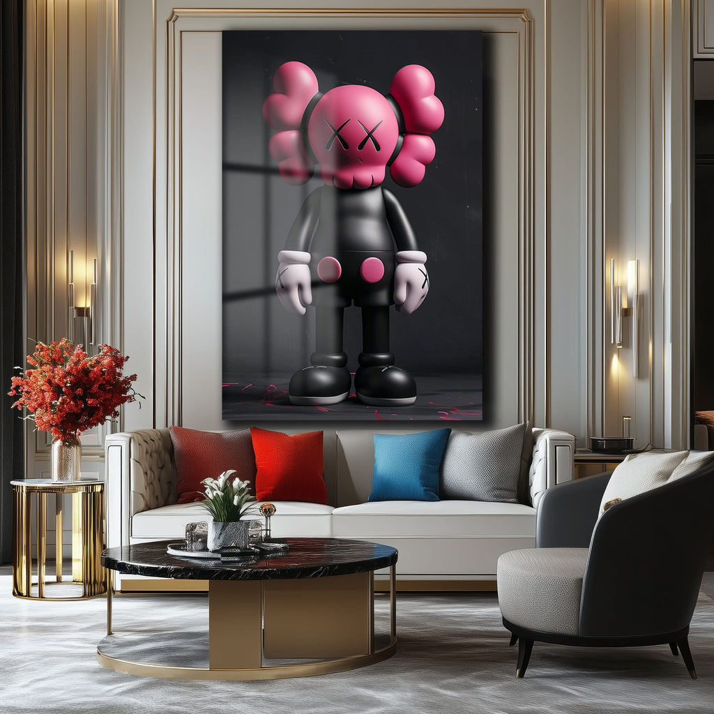 Pink Skull KAWS Stili Cam Tablo: Modern Sanatın Cesur Dokunuşu