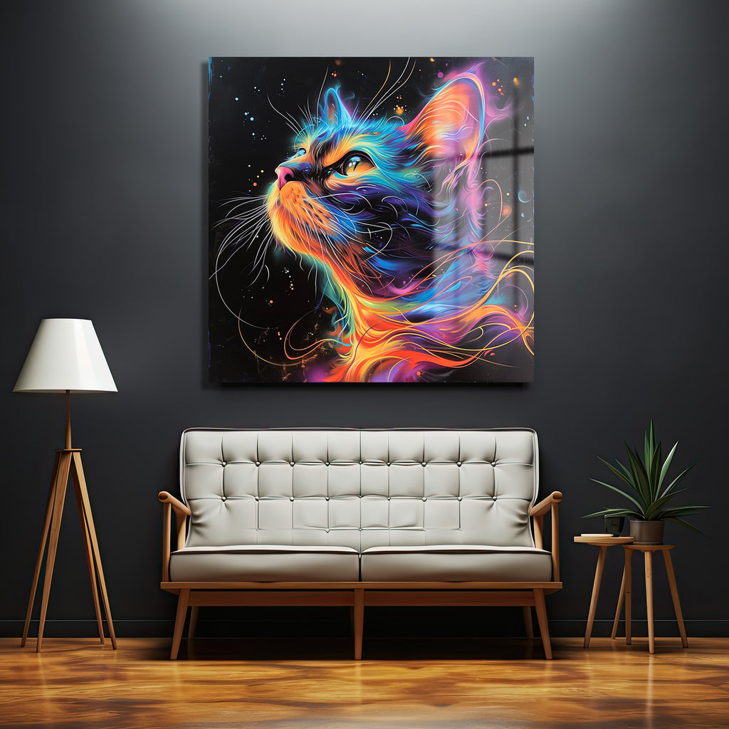 Göz Kamaştıran Neon Kedi Sanatı Cam Tablo