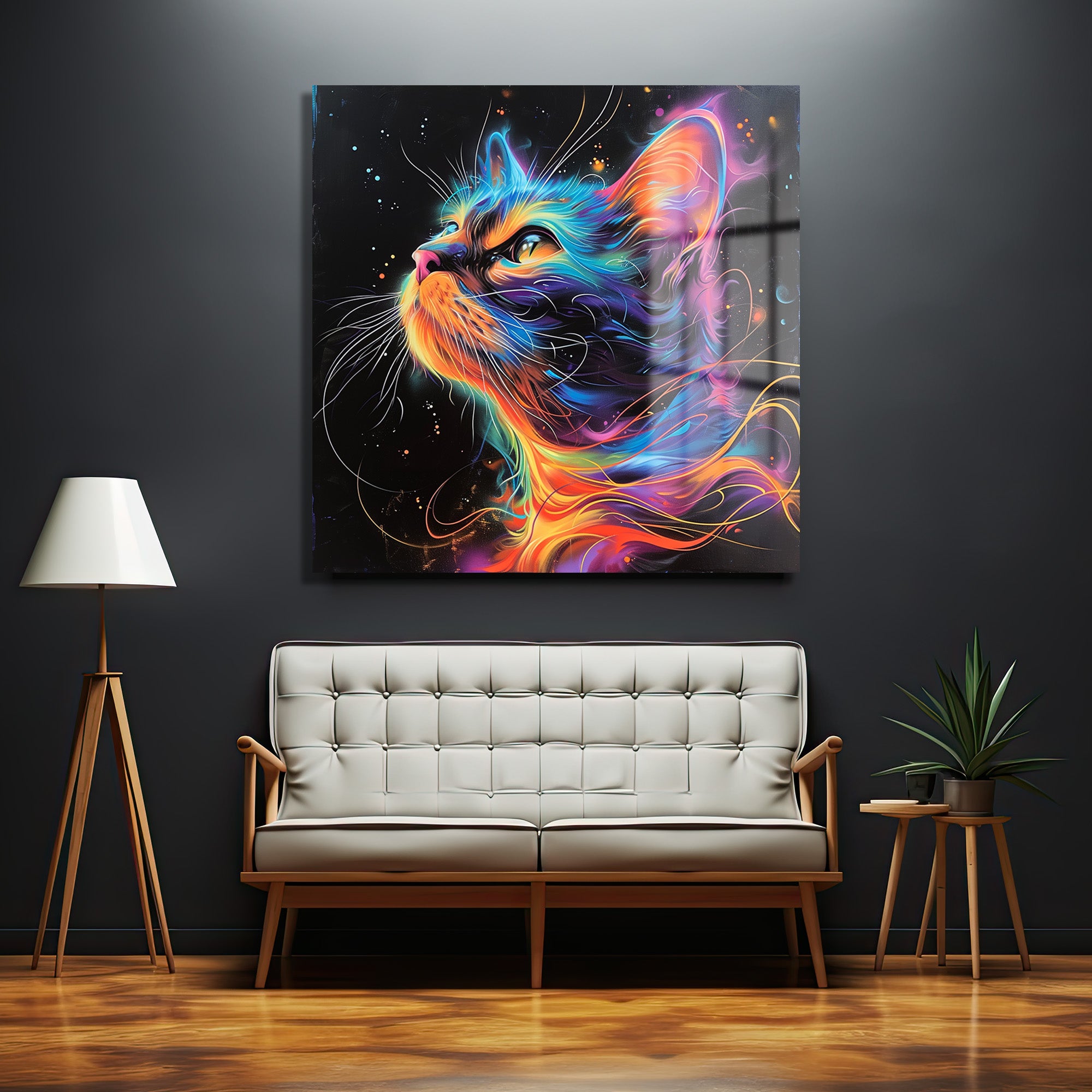 Göz Kamaştıran Neon Kedi Sanatı Cam Tablo