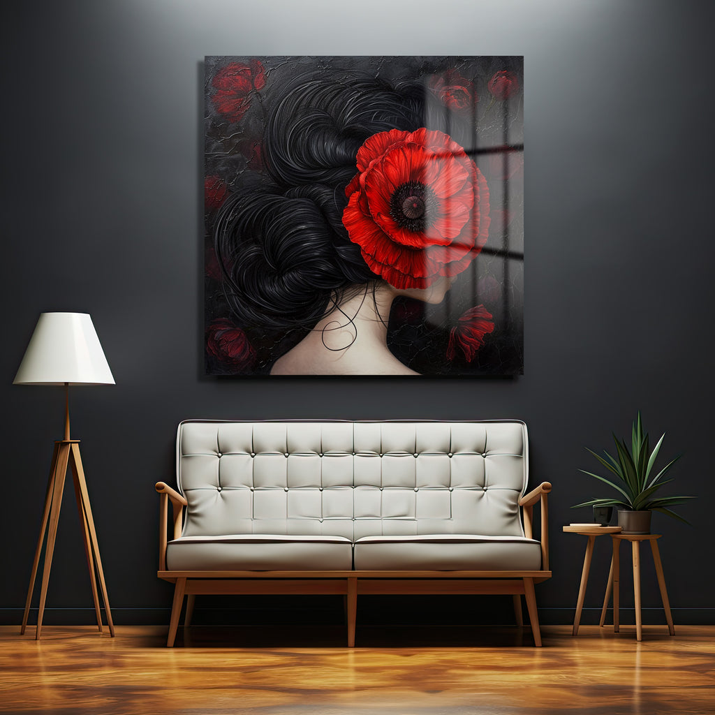 Gizemli Kırmızı Haşhaşlı Kadın Sanat Cam Tablo