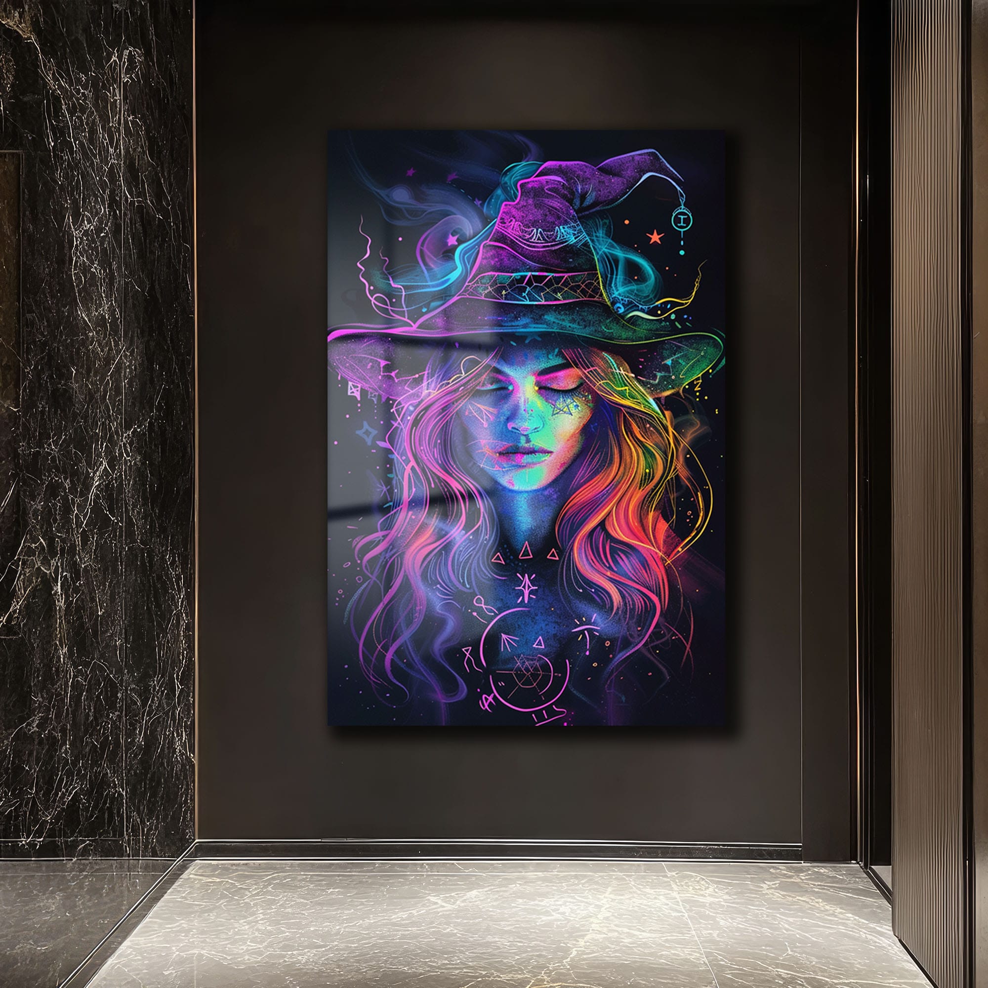 Neon Büyüsü: Mistisizm Dolu Fantastik Cam Tablo