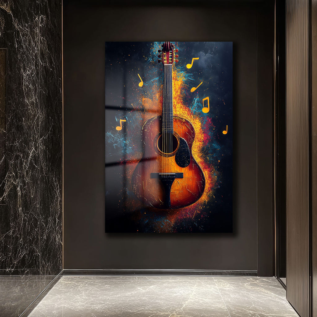 Melodinin Dansı: Enerjik Gitar Temalı Soyut Cam Tablo