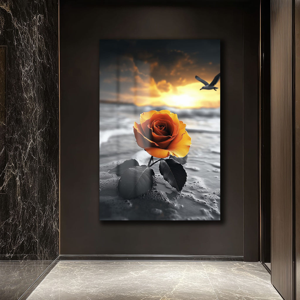Gün Batımında Tek Gül: Romantik ve Modern Temperli Cam Tablo