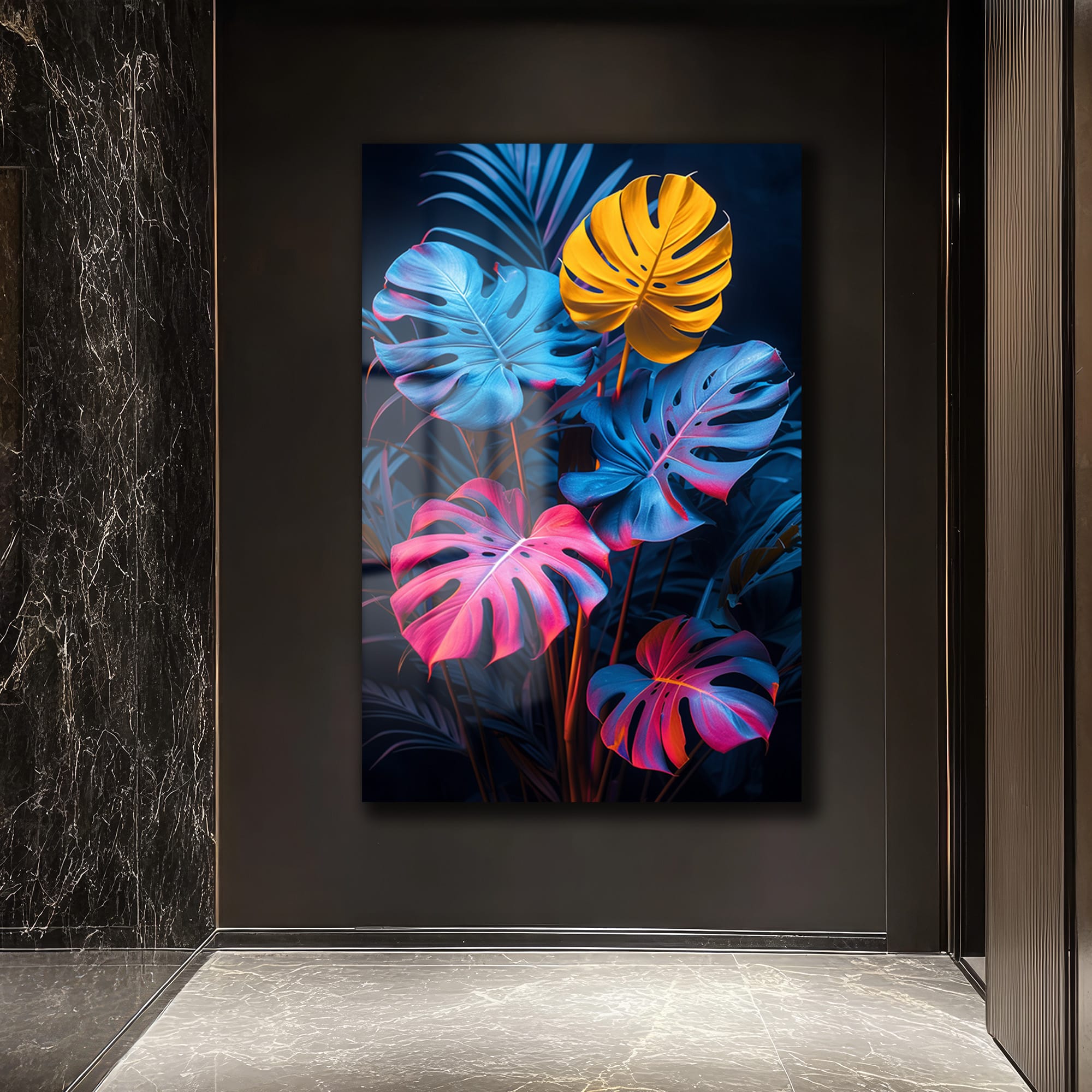 Neon Tropik: Canlı Monstera Yaprakları Modern Cam Tablo