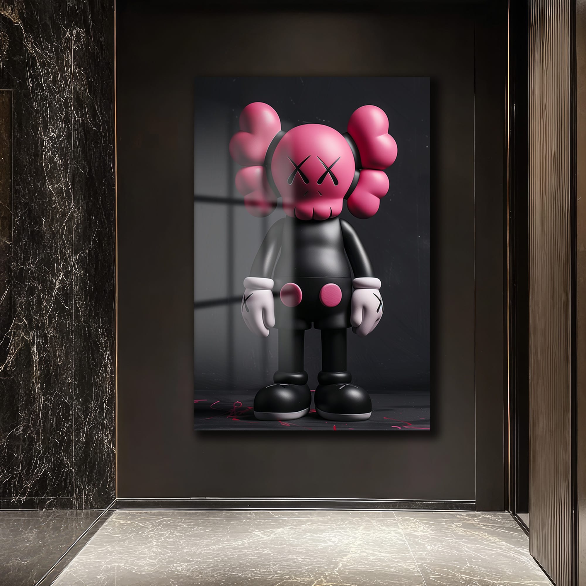 Pink Skull KAWS Stili Cam Tablo: Modern Sanatın Cesur Dokunuşu