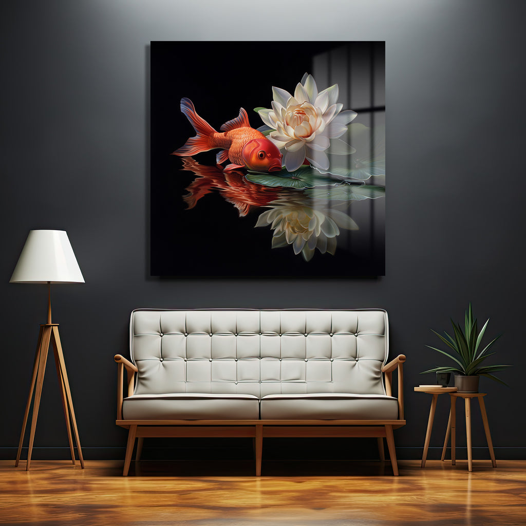Huzur Veren Altın Balık ve Lotus Cam Tablo