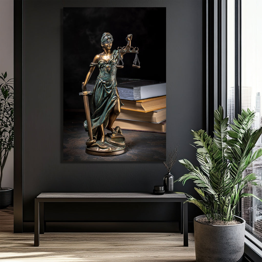 Adaletin Heybetli Simgesi: Themis Temalı Temperli Cam Tablo