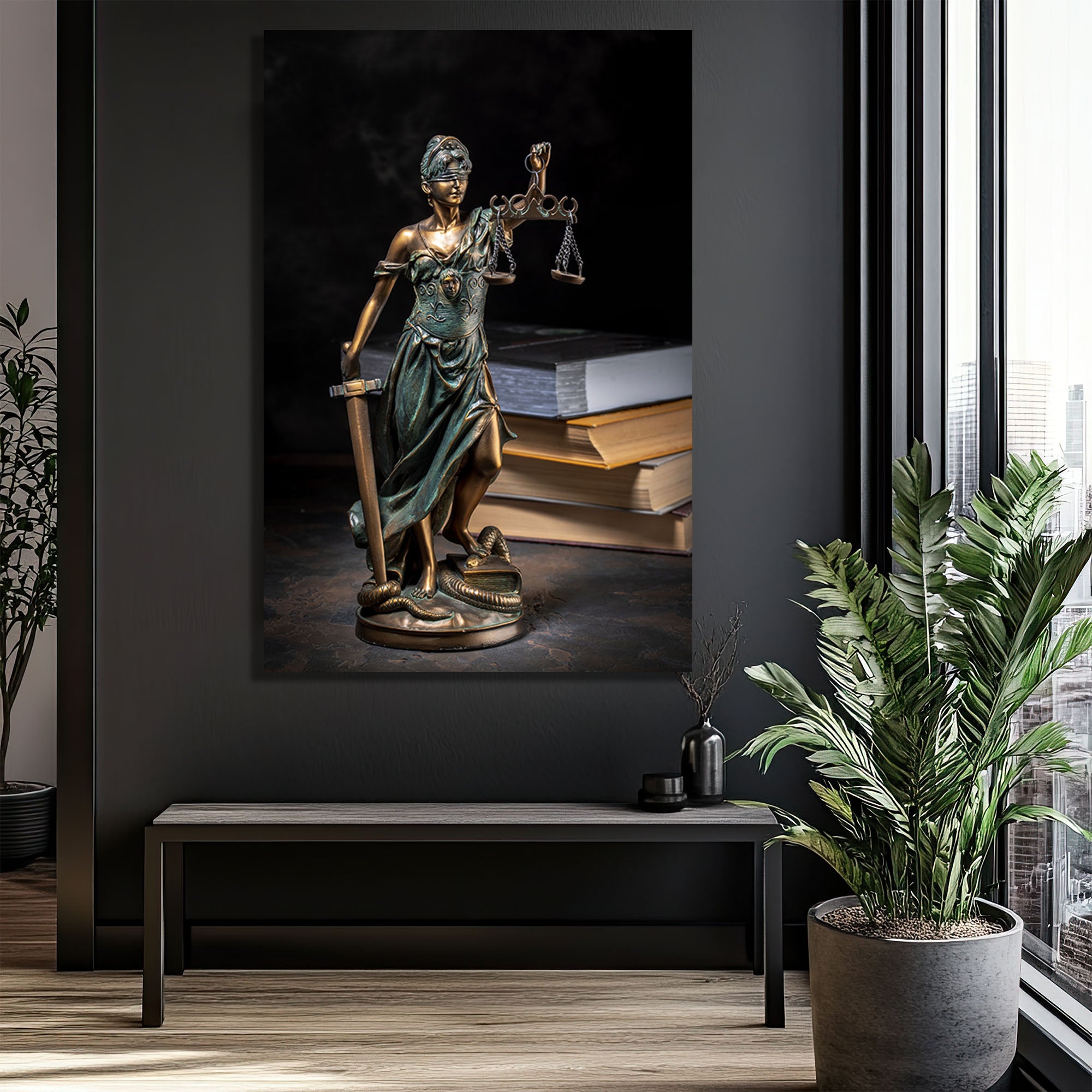 Adaletin Heybetli Simgesi: Themis Temalı Temperli Cam Tablo