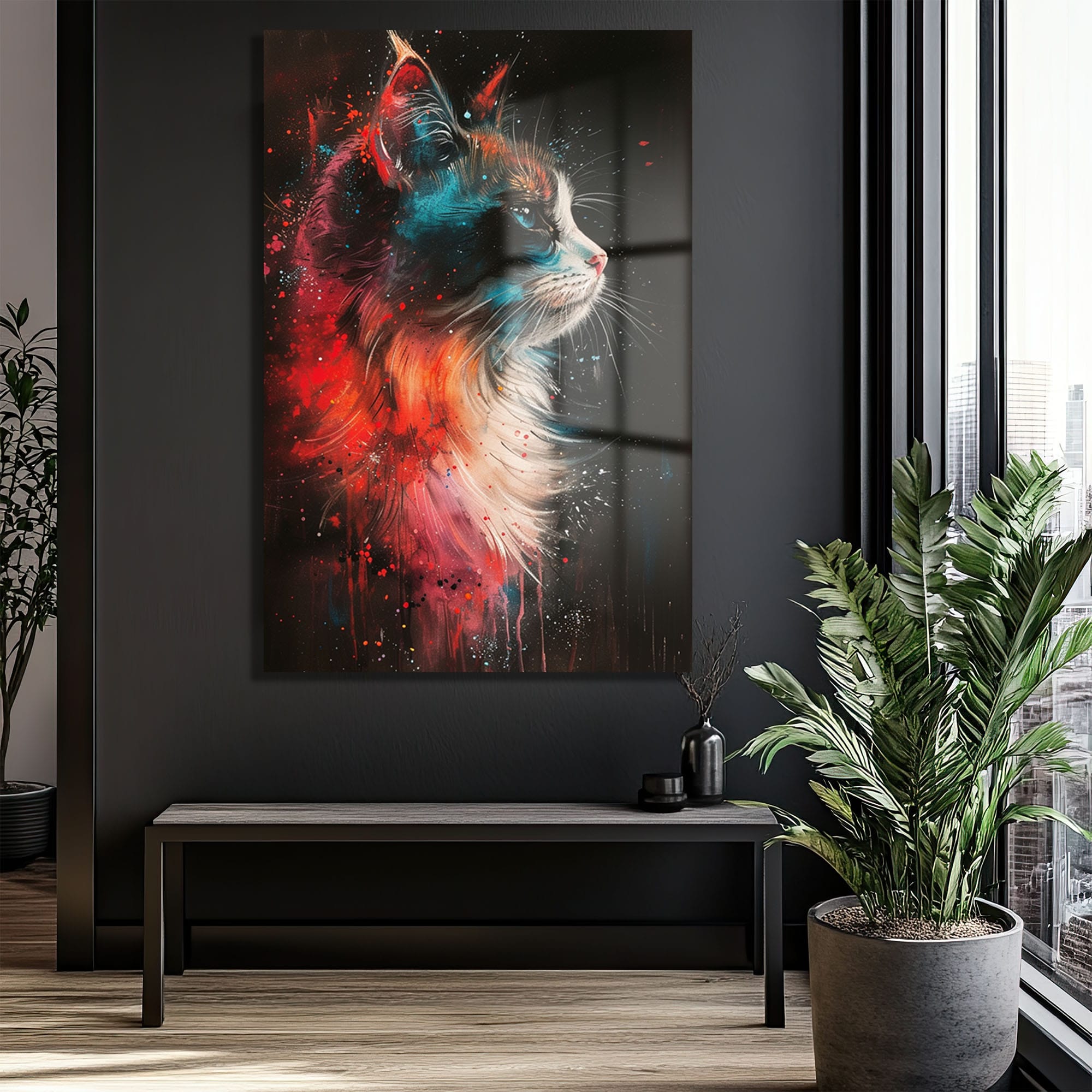 Vibrant Kedi: Modern Sanat Temperli Cam Tablo