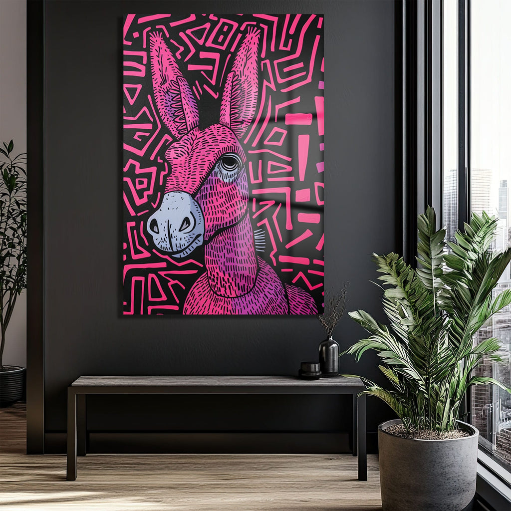 Neon Eşek: Pop Art Tarzı Canlı Pembe Cam Tablo