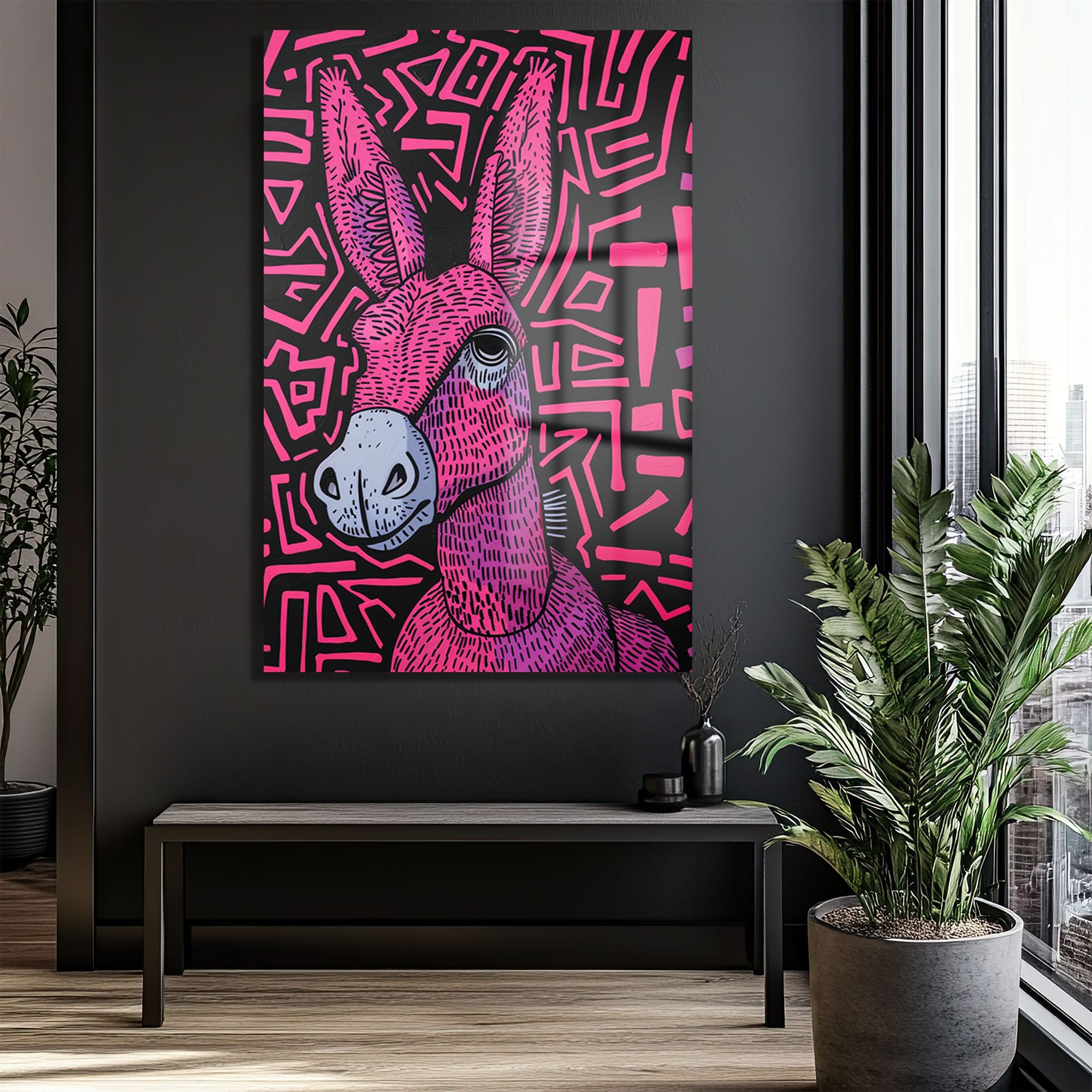 Neon Eşek: Pop Art Tarzı Canlı Pembe Cam Tablo
