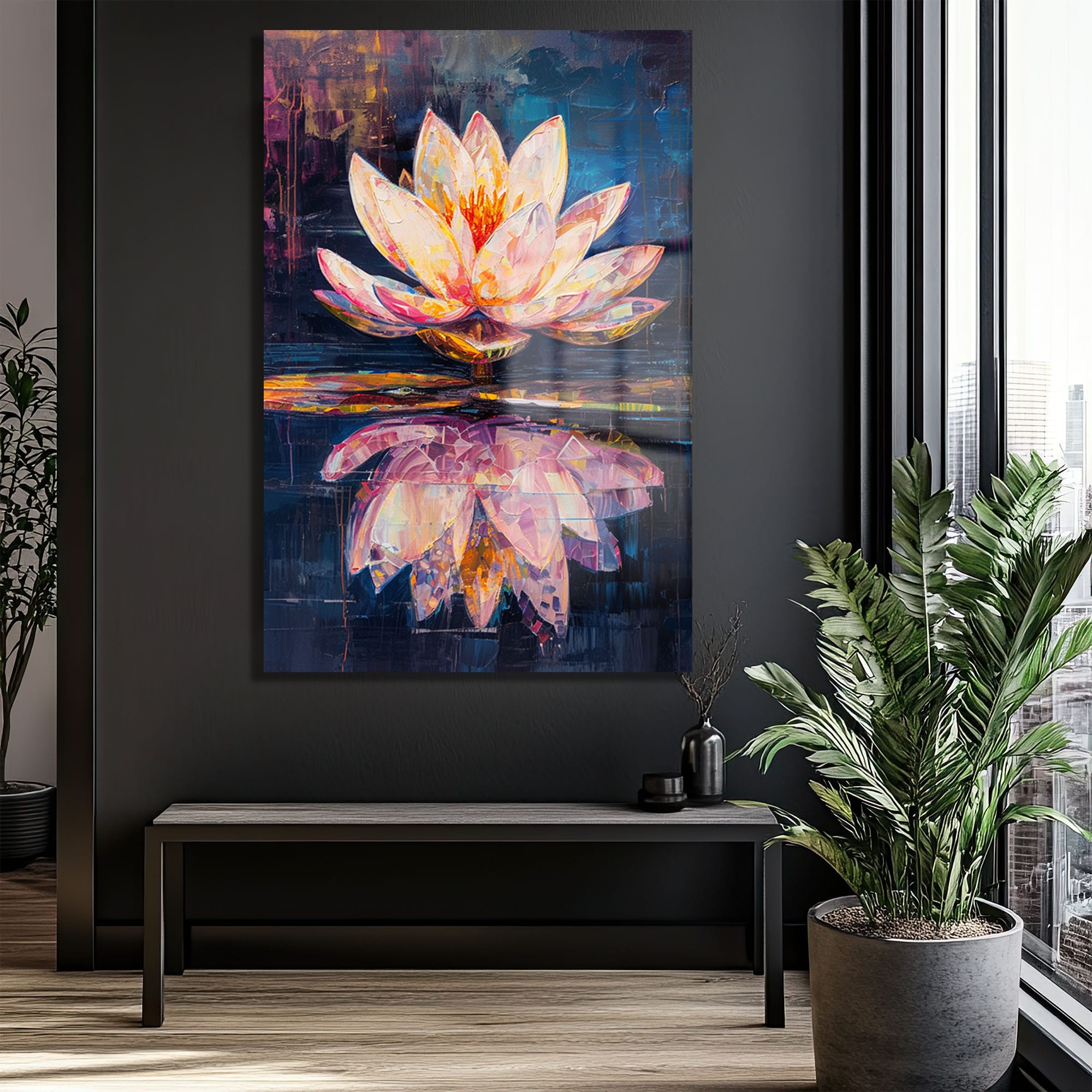 Gizemli Lotus Çiçeği: Su Üzerinde Modern Sanat Cam Tablo