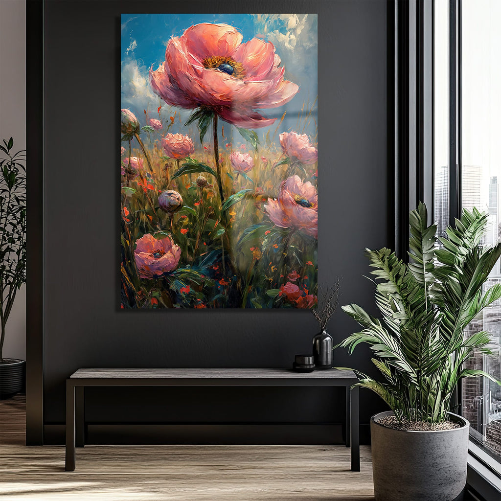 Pembe Şakayıkların Büyüsü: Canlı ve Modern Çiçek Tarlası Cam Tablo