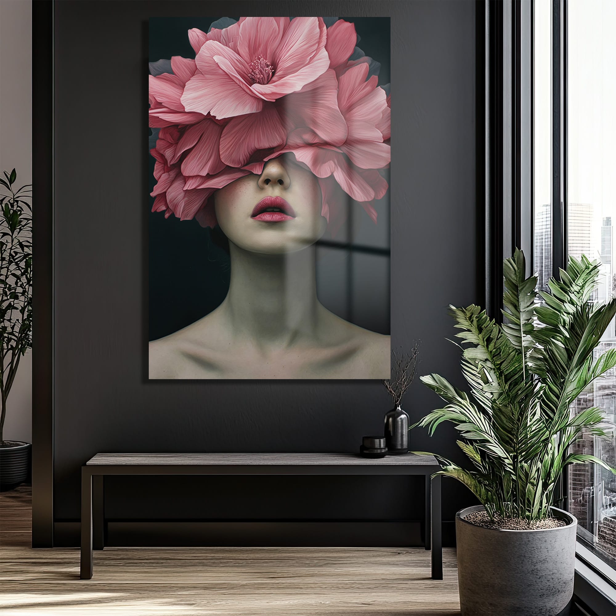 Pembe Düşler: Çiçeklerle Gizlenmiş Kadın Modern Cam Tablo