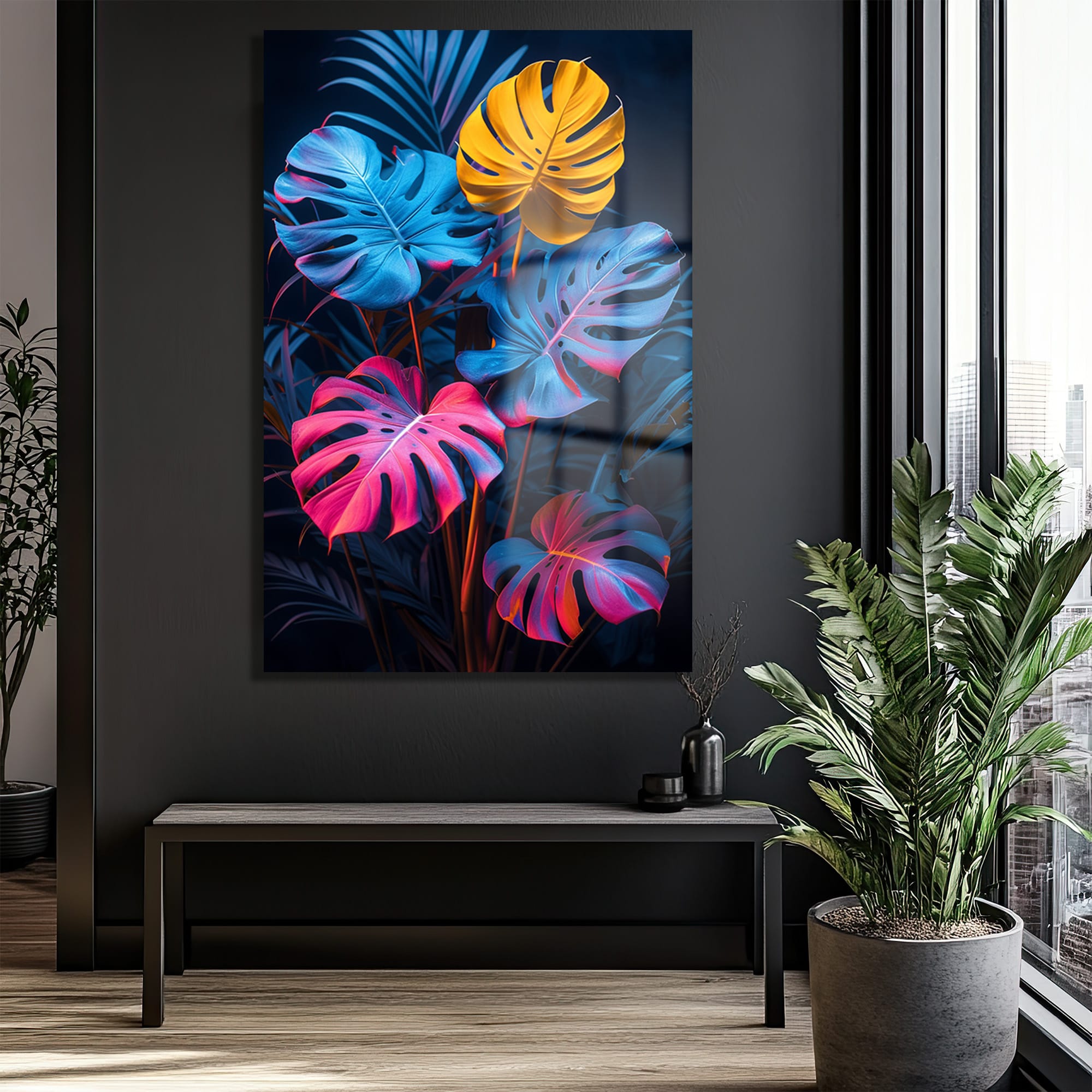 Neon Tropik: Canlı Monstera Yaprakları Modern Cam Tablo