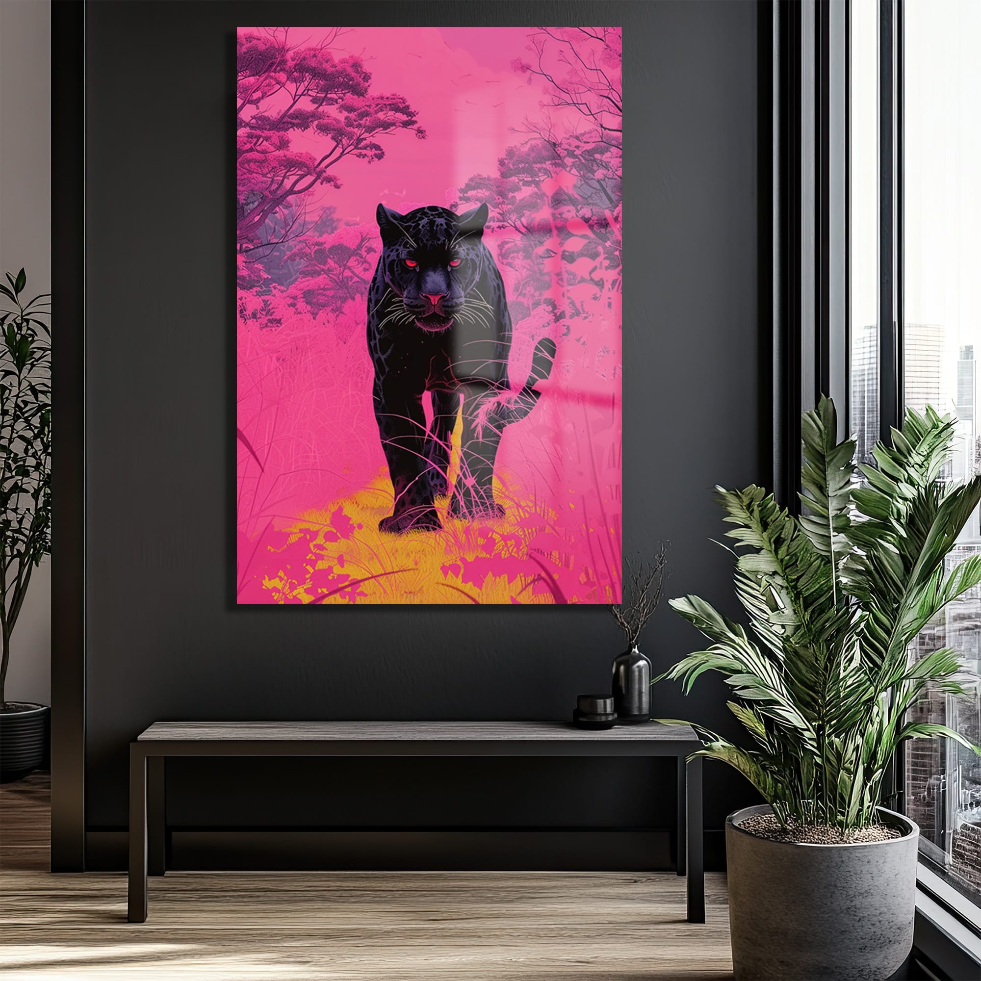 Neon Ormanın Hükümdarı: Siyah Panter Modern Cam Tablo