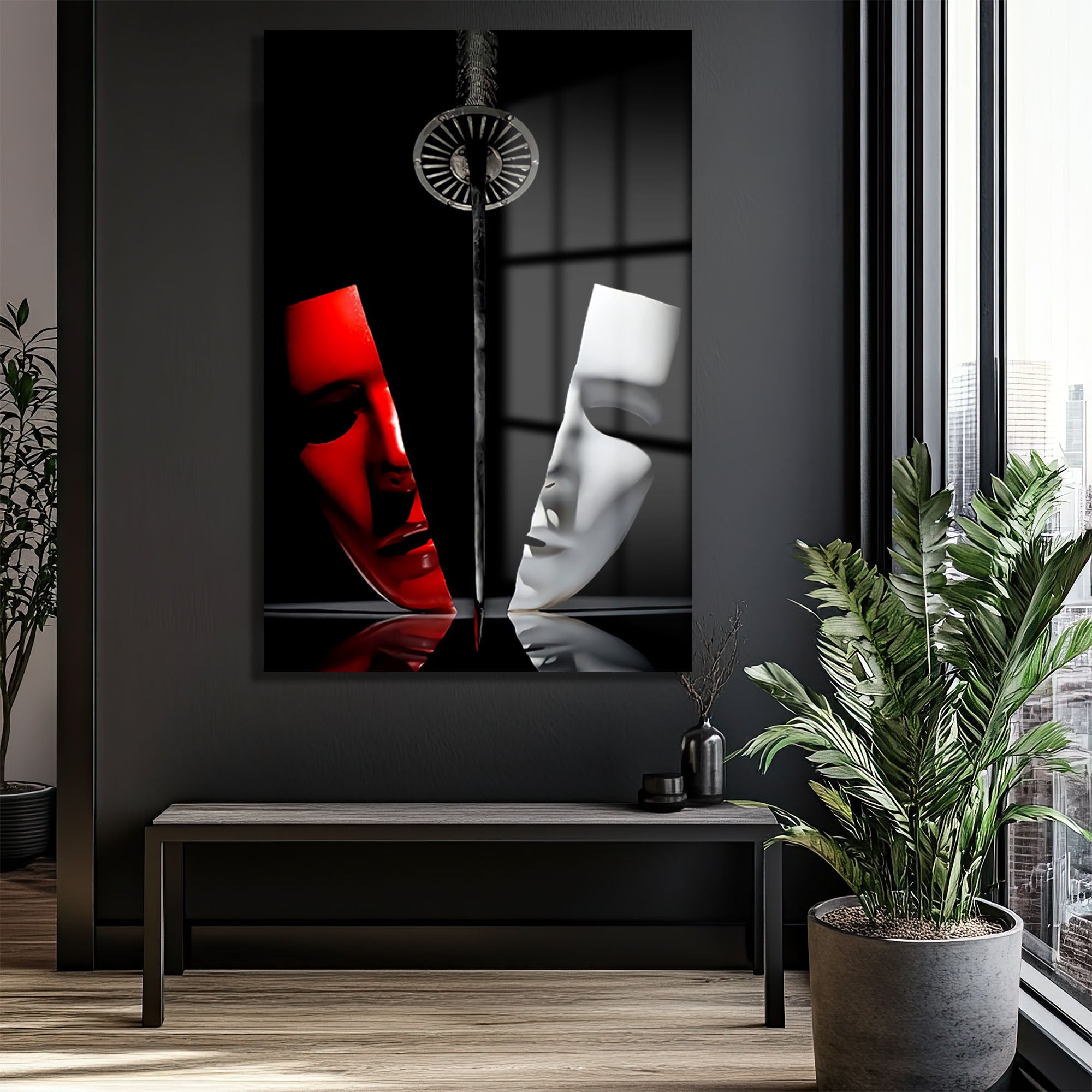 Maskelerin Dramı: Kırmızı ve Beyaz Denge Modern Cam Tablo