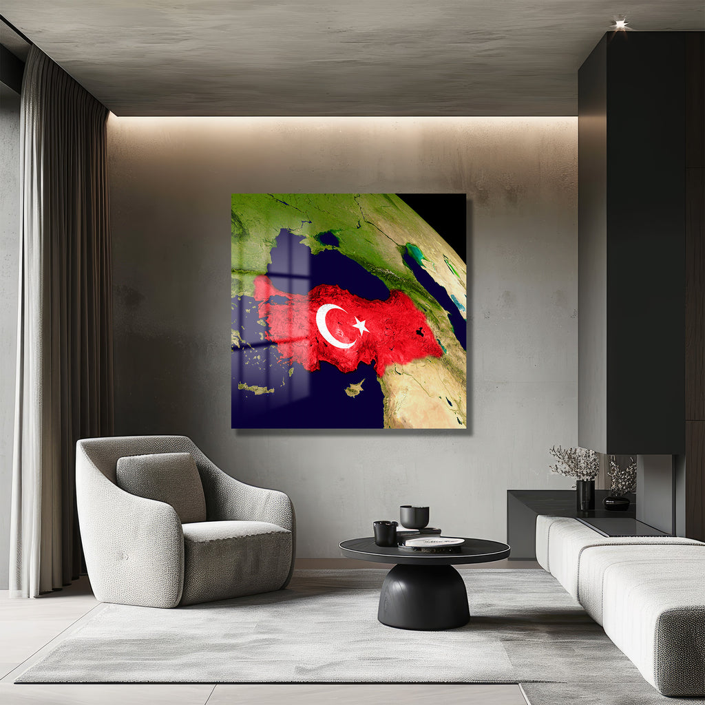 Türkiye Haritası ve Bayrağı Temalı Premium Cam Tablo